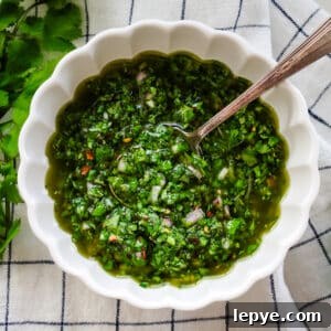 Cilantro Chimichurri Sauce Recipe — Fresh Herb Marinade for Grilled Meats 14 cilantro chimichurri sauce in bowl.