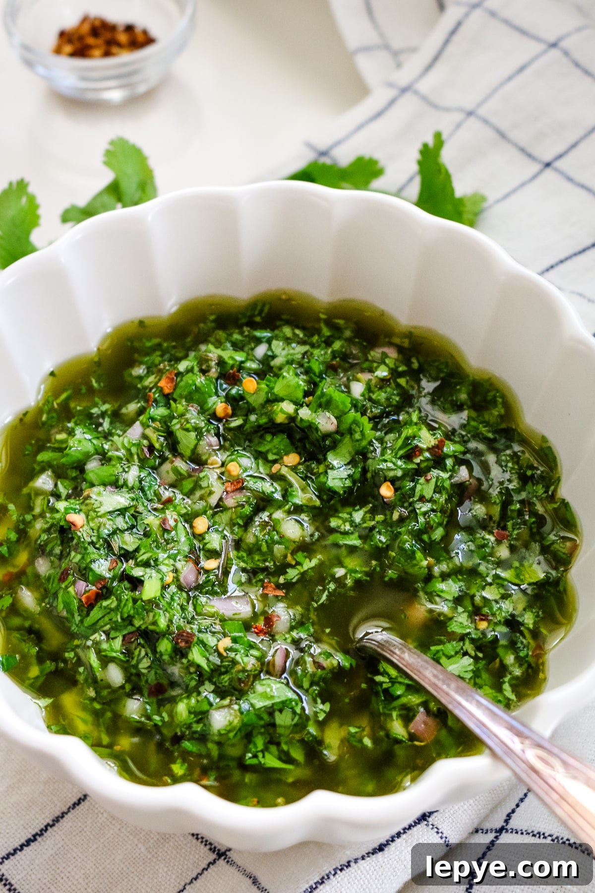 Cilantro Chimichurri Sauce Recipe — Fresh Herb Marinade for Grilled Meats 5 cilantro chimichurri sauce in bowl with a spoon.