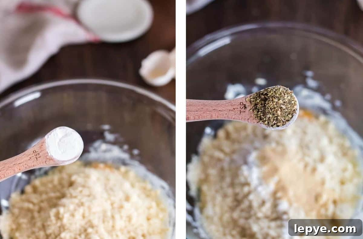 adding herbs and baking powder to keto pizza.