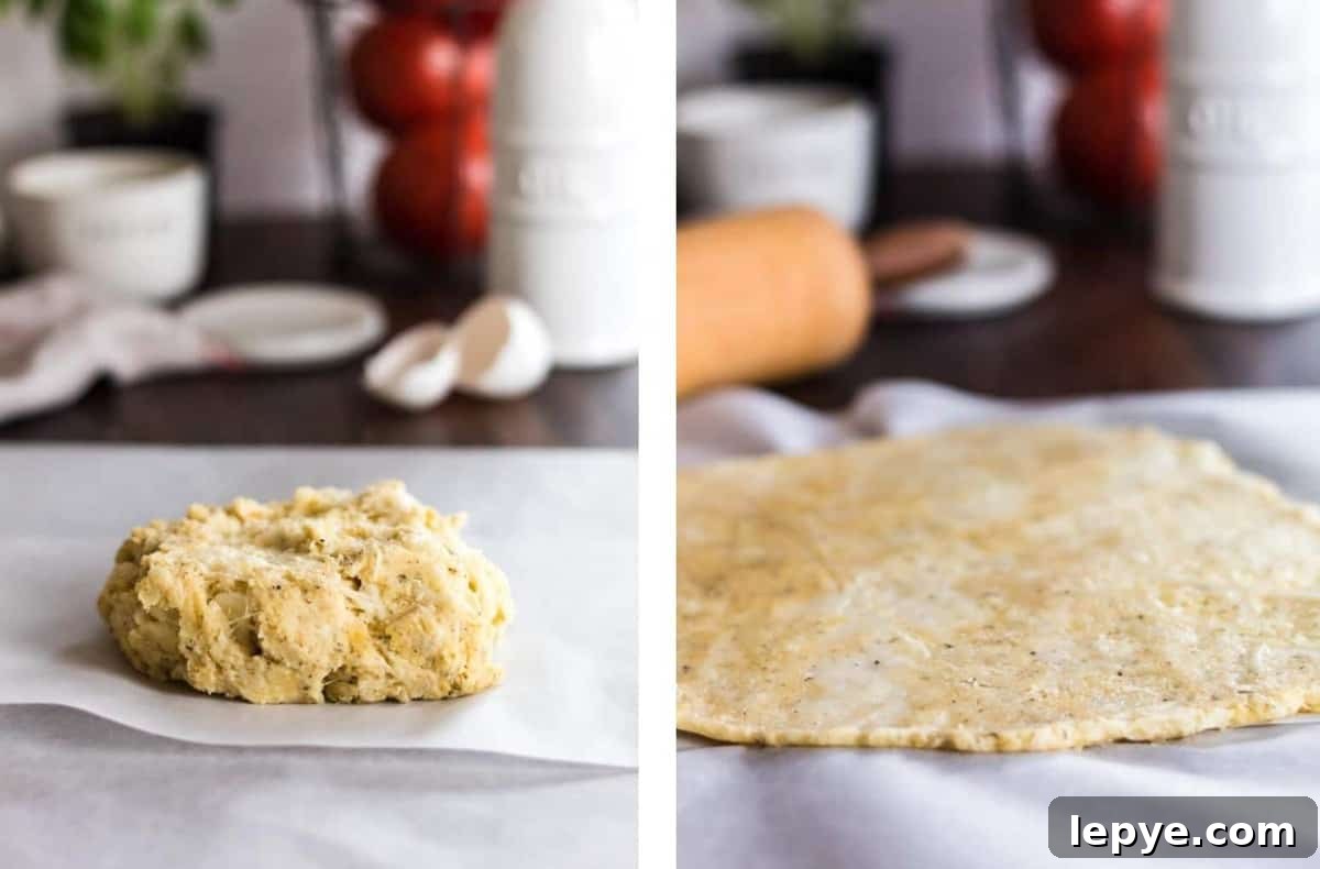 Low carb pizza crust being rolled out.