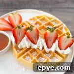 A crispy waffle on a white plate, garnished with whipped cream and fresh strawberries, dusted lightly with powdered sugar.