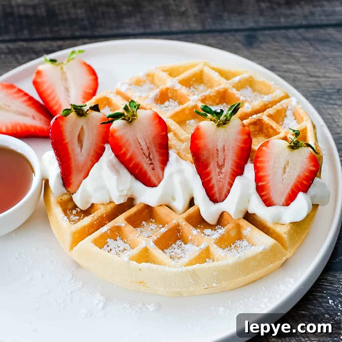 A crispy Belgian waffle on a white plate, topped with fresh strawberries and whipped cream with maple syrup on the side.