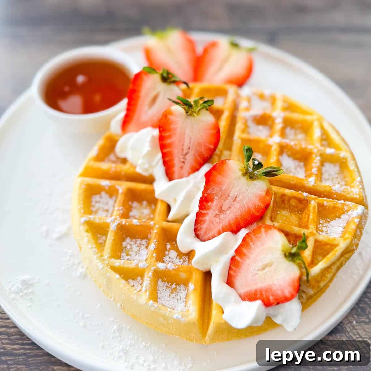 Fresh strawberries with whipped cream placed on top of a crispy waffle.