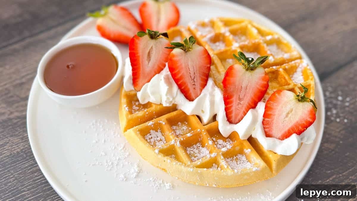 A buttermilk waffle on a plate, served with fresh strawberries and maple syrup.