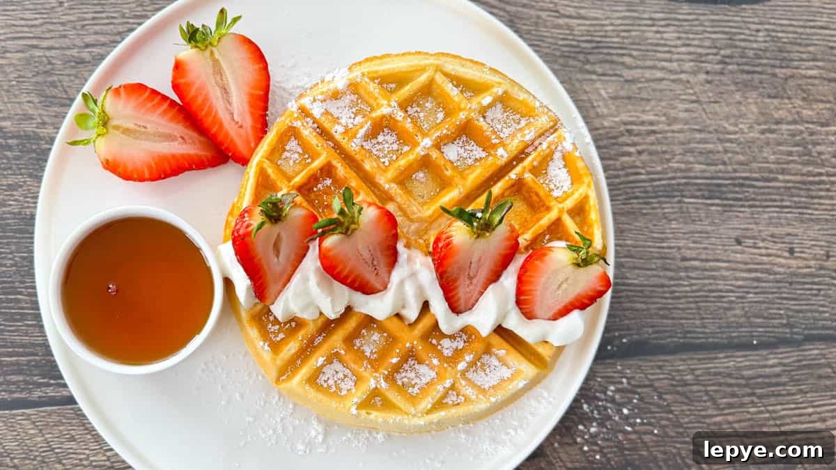 Crispy waffle served with whipped cream and fresh berries.