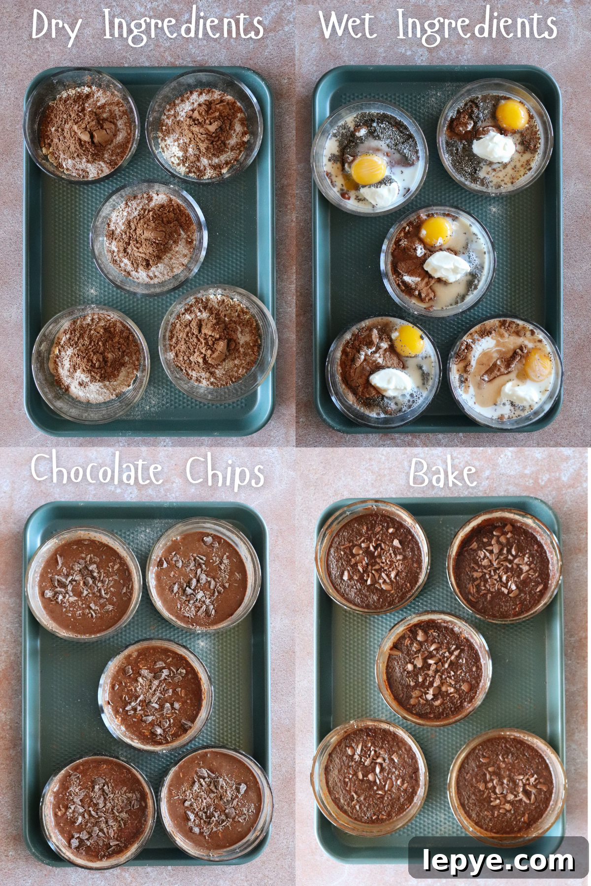 4 image picture showing dry ingredients, wet ingredients, added chocolate chips, and baked recipe.