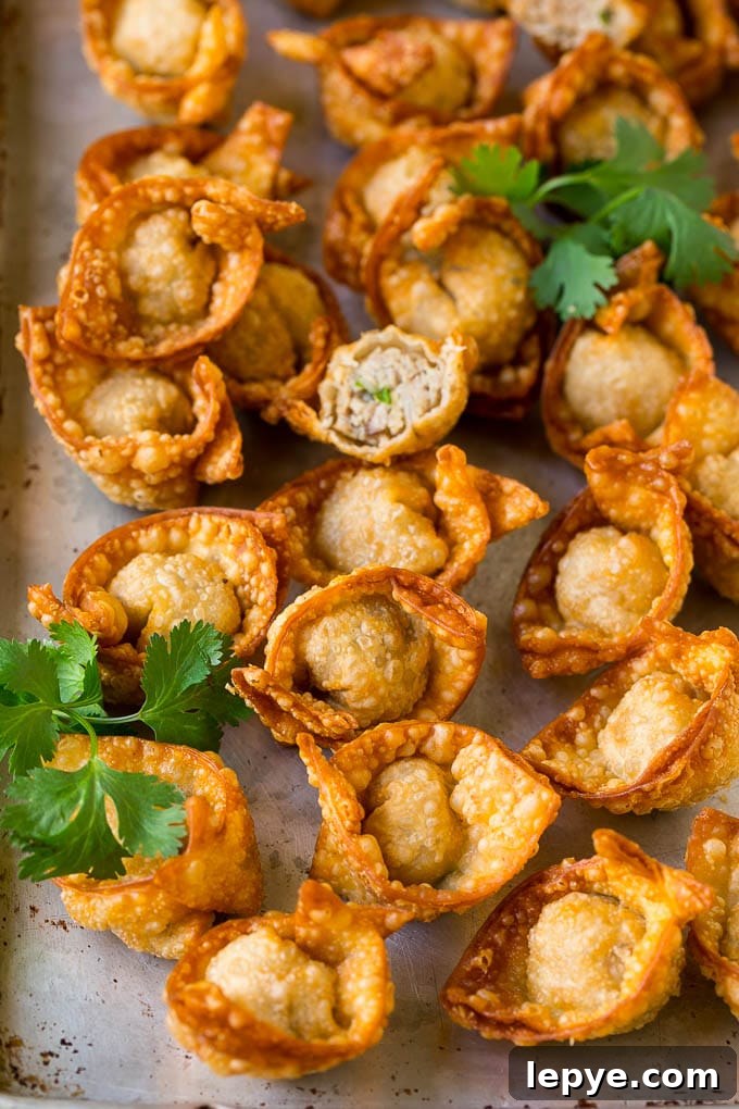 Fried Wonton Recipe #chinesefood #pork #appetizer #wontons #dinneratthezoo Fried wonton on a sheet pan, garnished with cilantro.