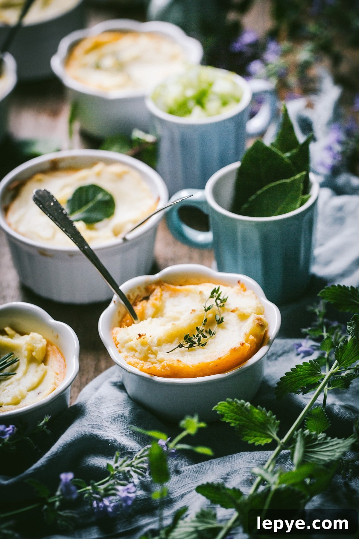 busy scene of shepherds pie topped with golden mashed potatoes surrounded by vegetables ad herbs