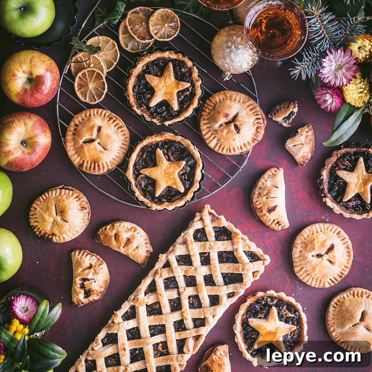 festive overhead shot of christmas mincemeat pies