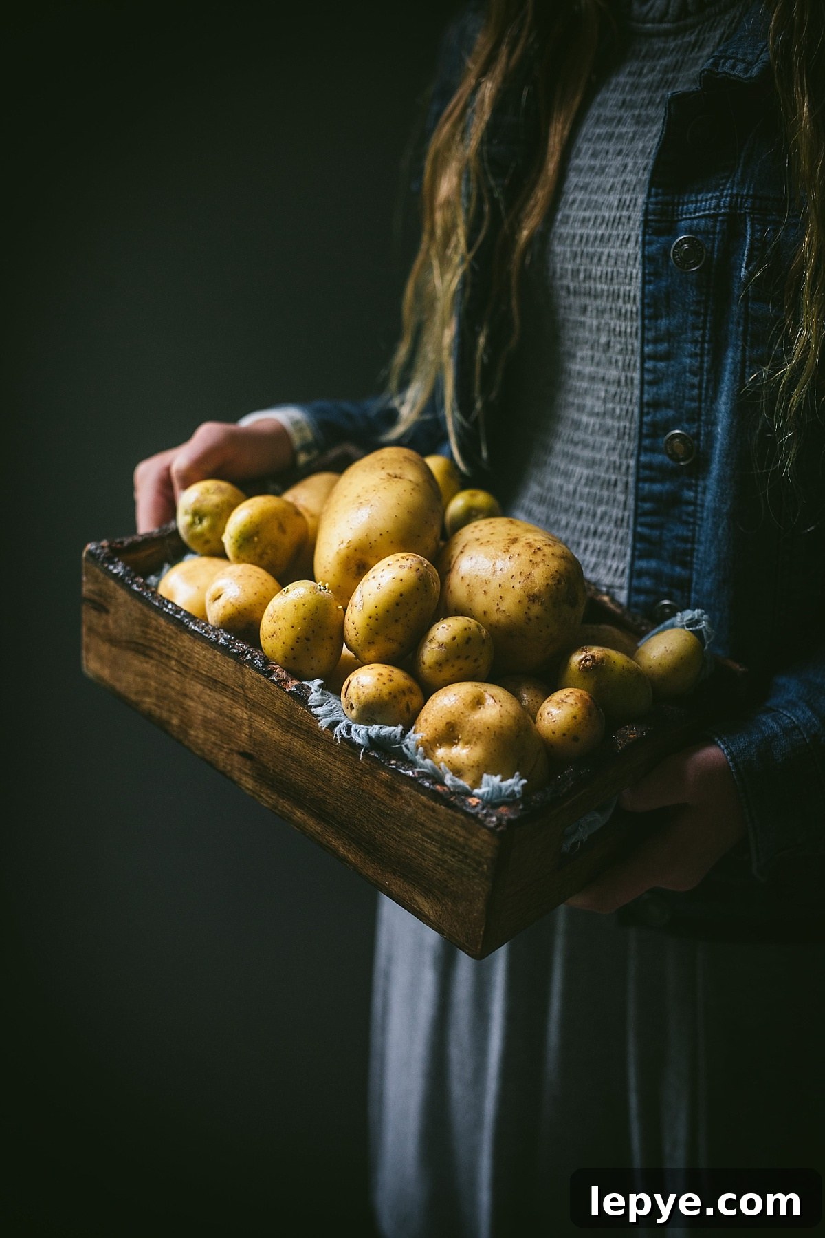 girl with long red hair holds golden yukon potatoes piled high for guinness shepherds pie