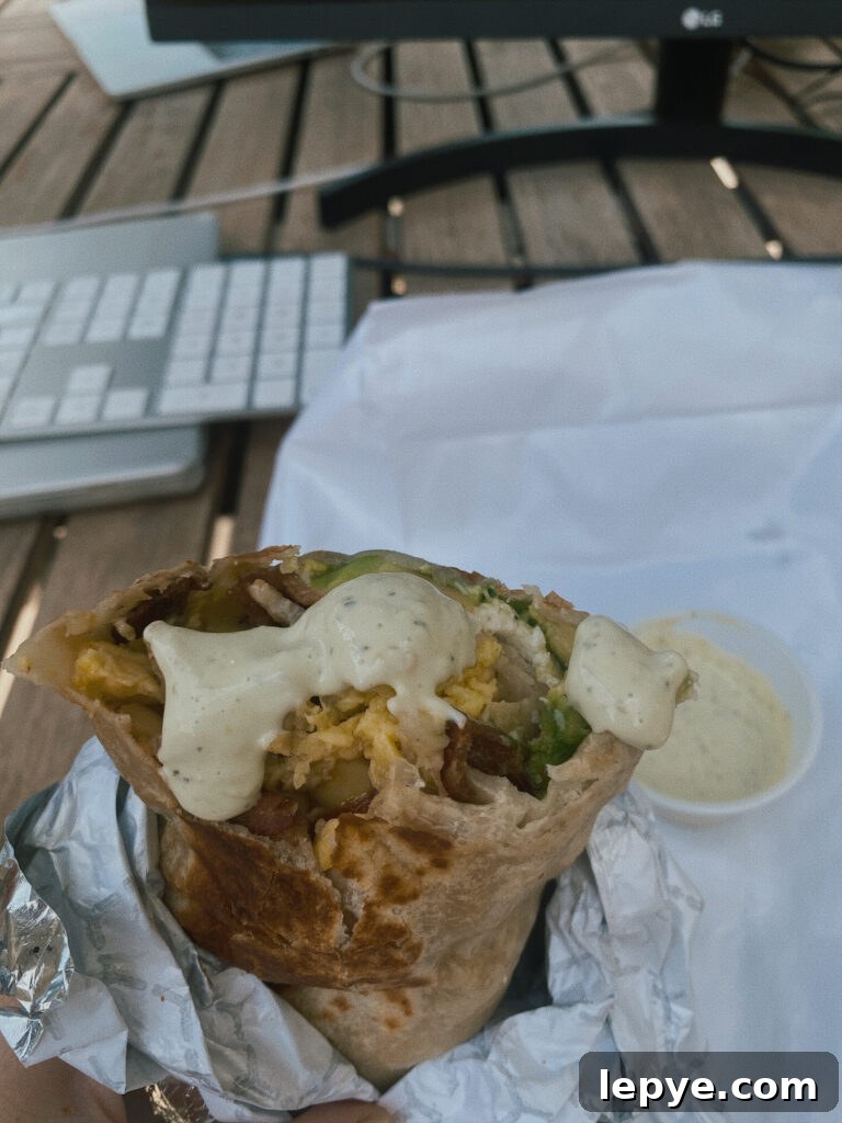 Skiers’ Breakfast Burrito — Beaumont Bakery Special 4 Breakfast burrito with sauce