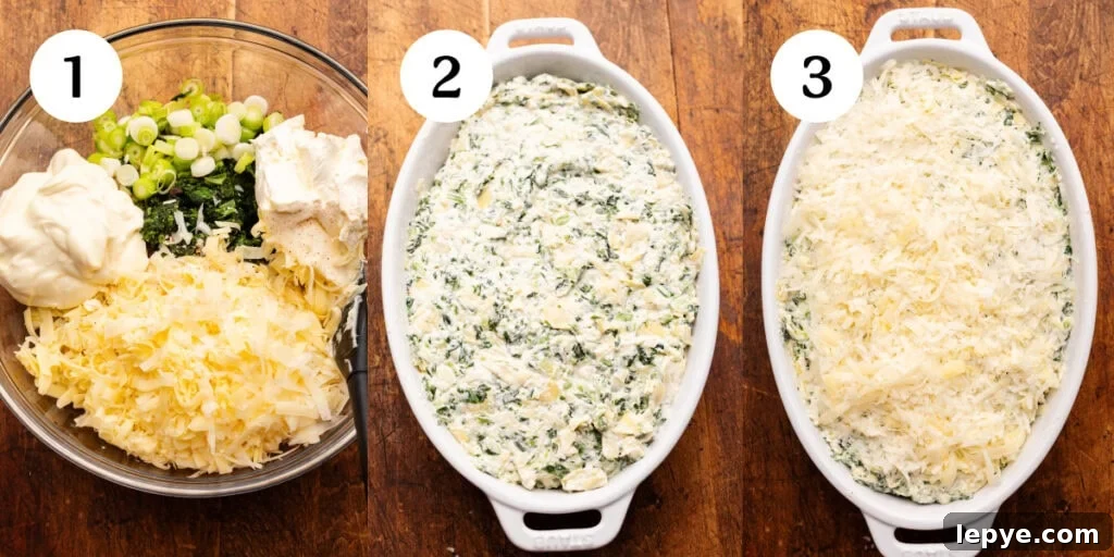 Creamy Baked Spinach and Artichoke Dip Recipe 4 A collage of three photos showing how to make baked spinach artichoke dip. The first photo, step one, is all the ingredients in a clear glass bowl on a wooden background. The second photo, step two, is a white oval dish with the artichoke dip in it unbaked. The third photo, step three, is the same baking dish now with freshly grated cheese sprinkled on top before it's baked.