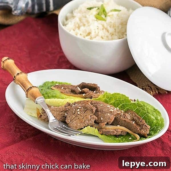 Beef Bulgoge is a quick, stir-fried Korean dish that is full of marvelous flavors including garlic and fresh ginger. A little spicy, a little sweet, you will love this easy Asian dinner recipe. White platter of Easy Korean Beef Stir Fry.