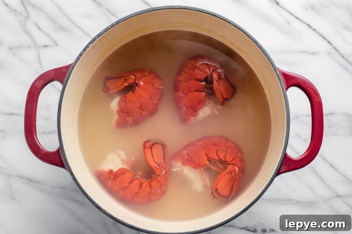 Creamy Lobster Macaroni and Cheese Recipe for Dinner 3 Four lobster tails in boiling water.