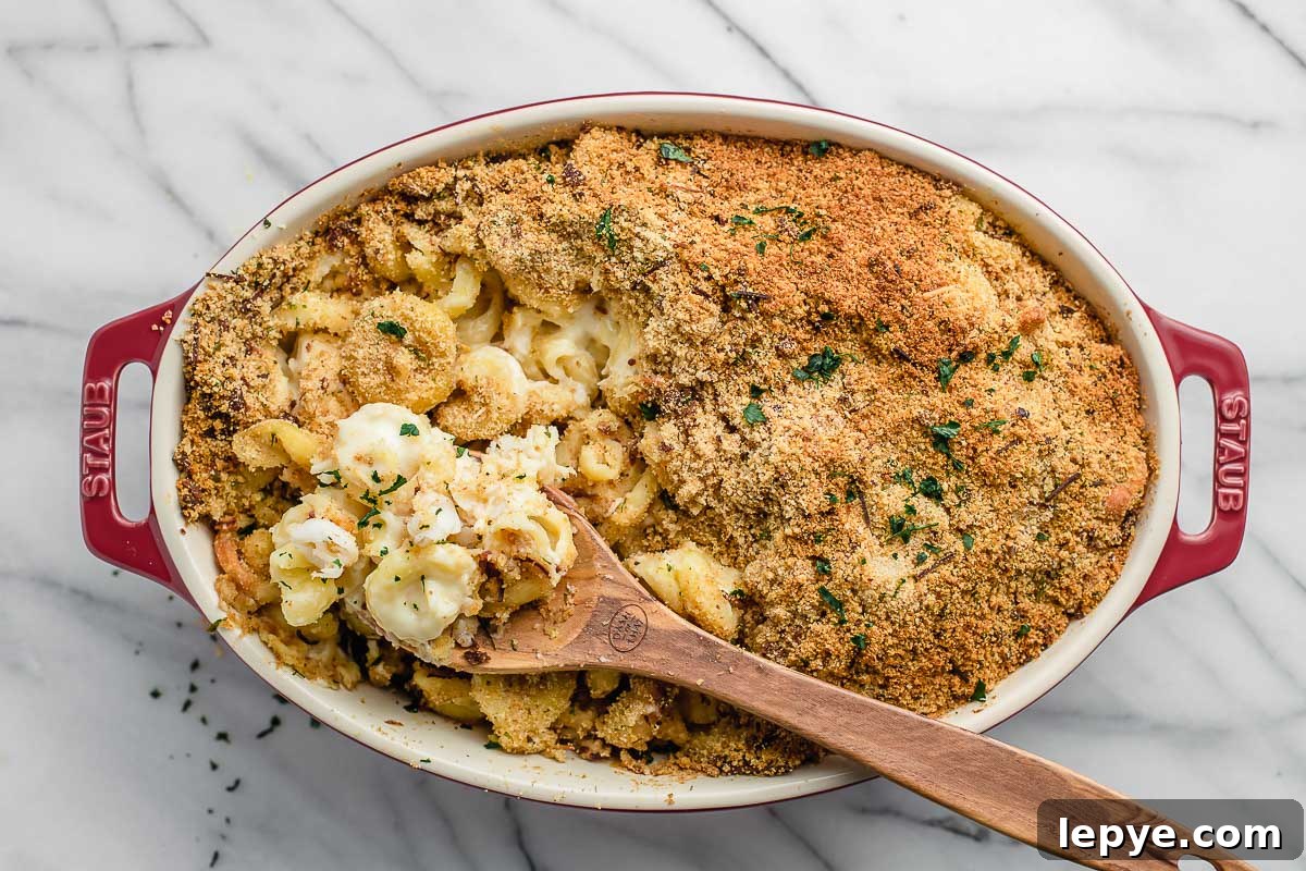 Creamy Lobster Macaroni and Cheese Recipe for Dinner 8 Baked casserole dish of lobster mac and cheese.
