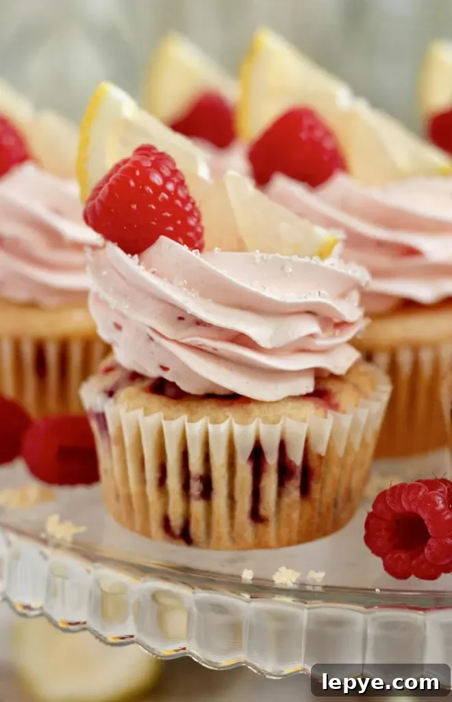 Lemon Raspberry Cupcakes with Gluten-Free & Dairy-Free Option 7 Pretty lemon raspberry cupcakes topped with light pink raspberry frosting with a fresh bright red raspberry and yellow lemon slice on top.