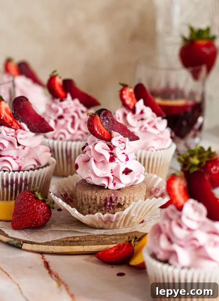 Lemon Raspberry Cupcakes with Gluten-Free & Dairy-Free Option 9 Sangria cupcakes topped with fluffy pink frosting swirls and fresh fruit on top.