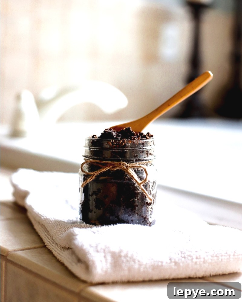 Coffee sugar scrub by a tub.