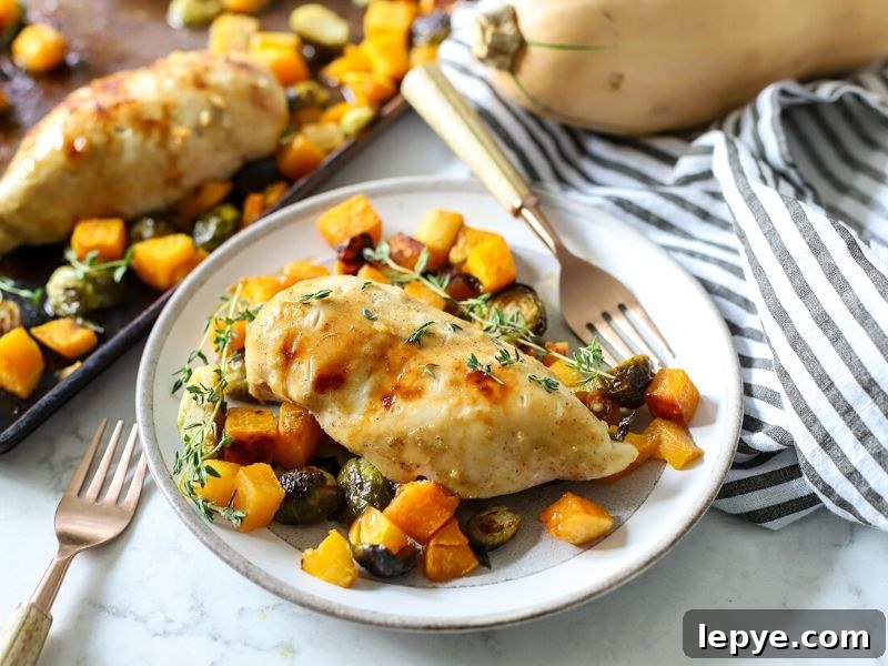 Sheet Pan Chicken with Roasted Butternut Squash 2 One pan chicken and vegetables recipe on a plate.