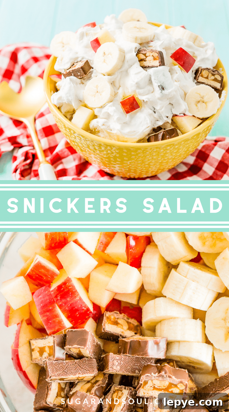 This Snickers Salad is an easy and addictive 4-ingredient no-bake dessert salad made with Snickers, banana, apples, and Cool Whip!