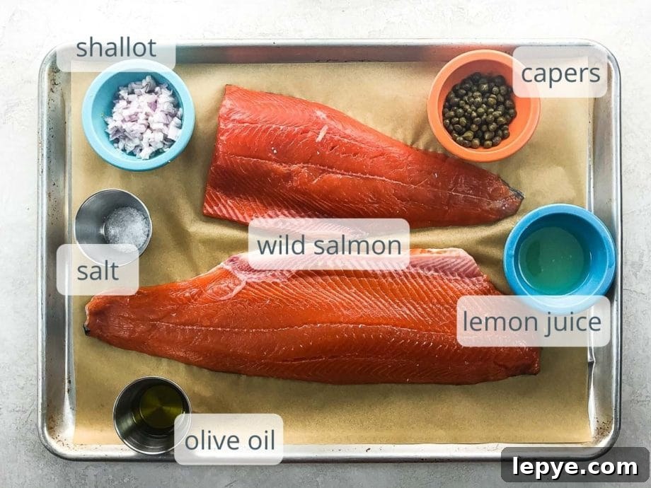 Slow-Roasted Salmon with Shallots, Capers & Lemon Pan Sauce 3 salmon fillets, shallots, capers, salt, lemon juice, olive oil