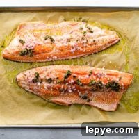 Slow-Roasted Salmon with Shallots, Capers & Lemon Pan Sauce 6 two slow roasted salmon fillets on a sheet pan