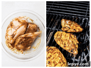 Step 1 shows chicken breasts marinated in a spice rub, and step 2 shows grilled chicken.