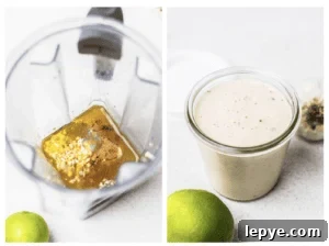 Ingredients in a blender, and a jar of a creamy salad dressing.