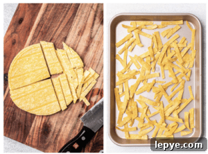 Tortillas sliced into thin strips, and a photo of crispy tortilla strips on a baking sheet.