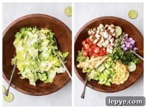 A bowl with romaine tossed with a creamy dressing, and another with the lettuce topped with colorful additions and chicken.