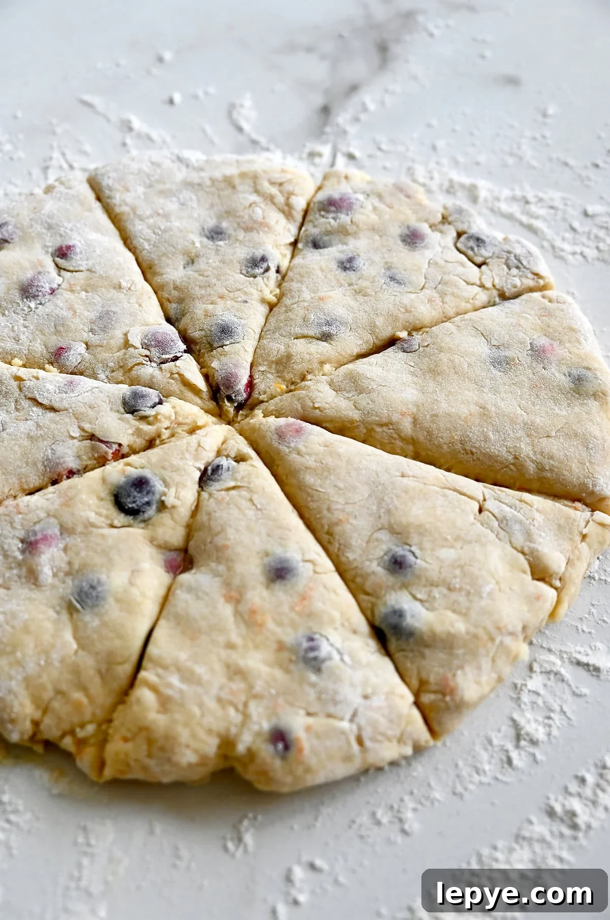 A circle of orange cranberry scone dough cut into eight wedges.