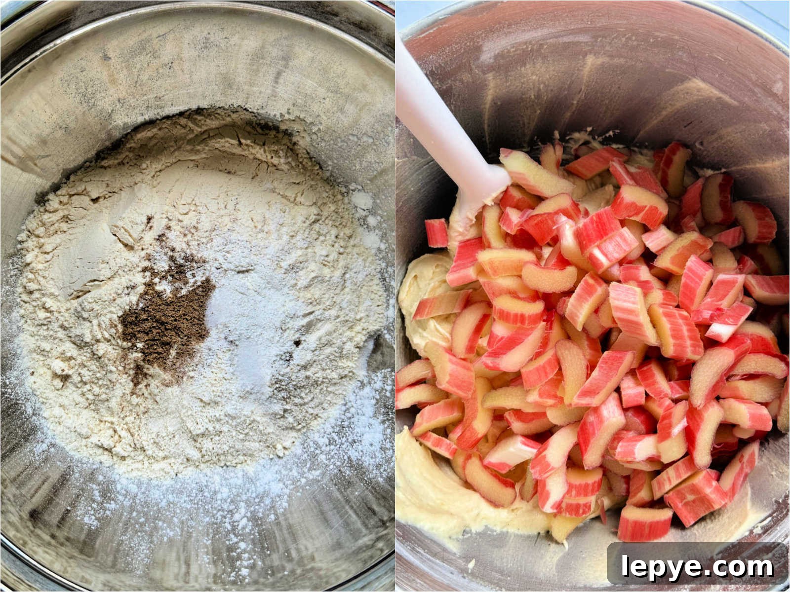 flour mixture on the left photo and sliced rhubarb being mixed into the cake batter on the right photo