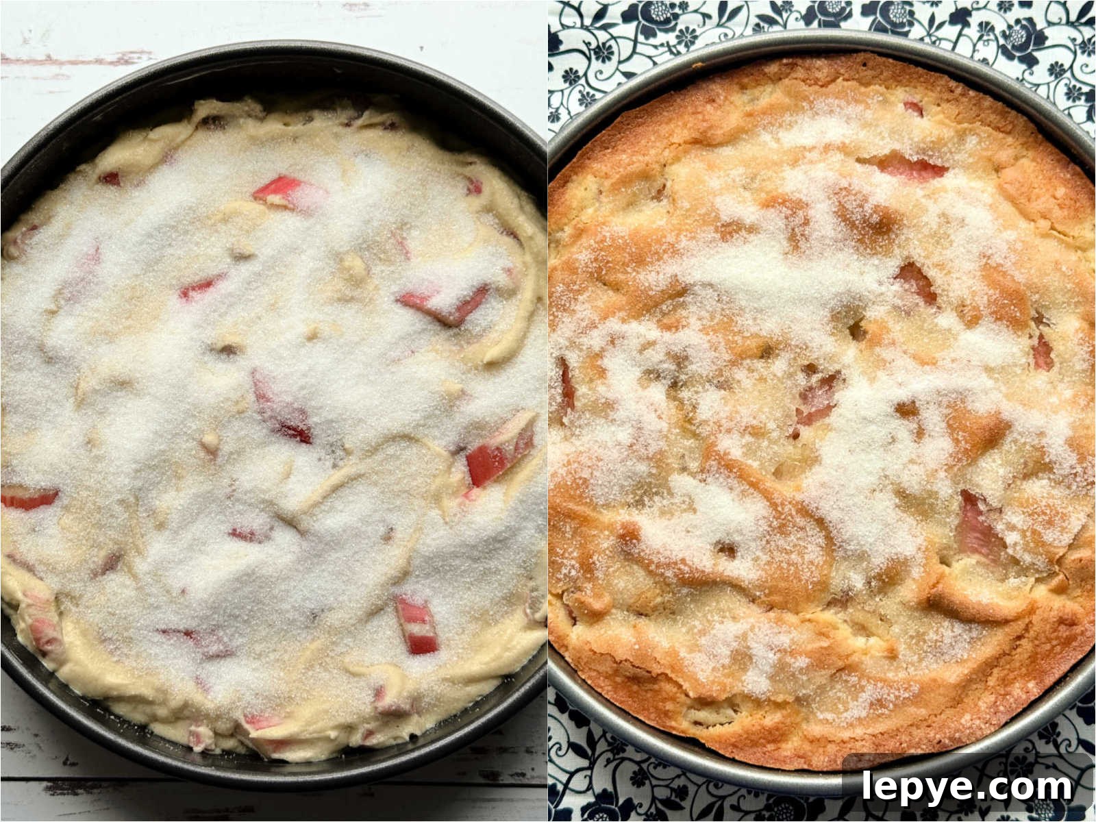 rhubarb cake before and after being baked
