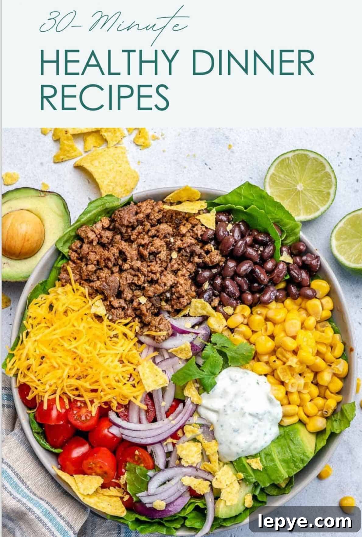 Broccoli-Stuffed Chicken Breast Recipe for Juicy Oven-Baked Meals 8 ebook cover with taco salad bowl in the image.