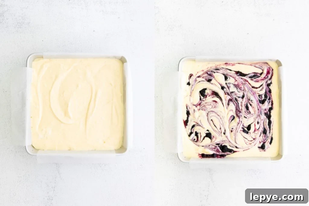 overhead process shots of cheesecake bars one with and one without a blueberry swirl