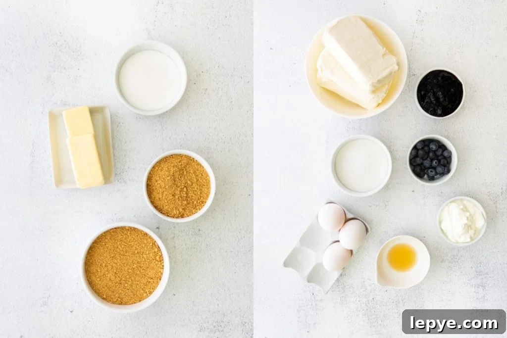 overhead shot of ingredients for blueberry cheesecake bars