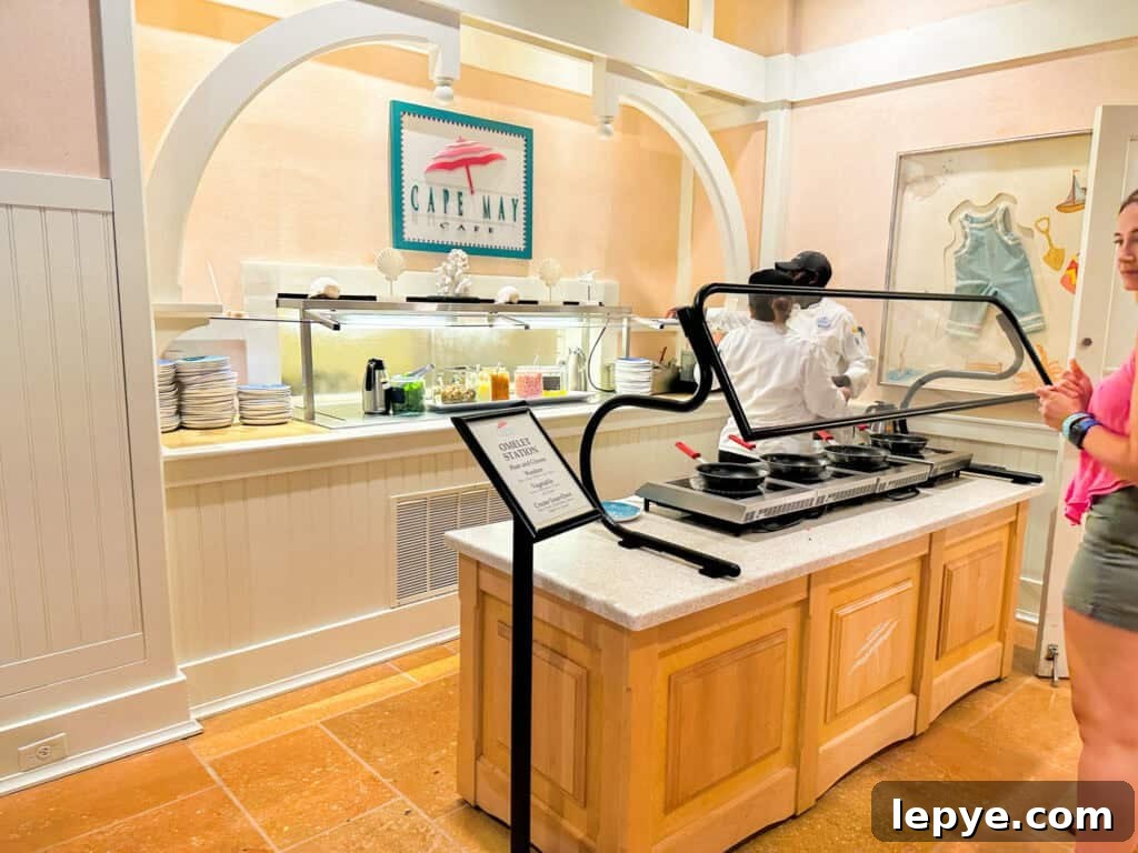 Cape May Café Breakfast Menu & Tips for Dining at Disney's Beach Club 11 Omelet station at Cape May Cafe.