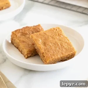 Two peanut butter blondies on a small white rimmed plate on a white marble counter.