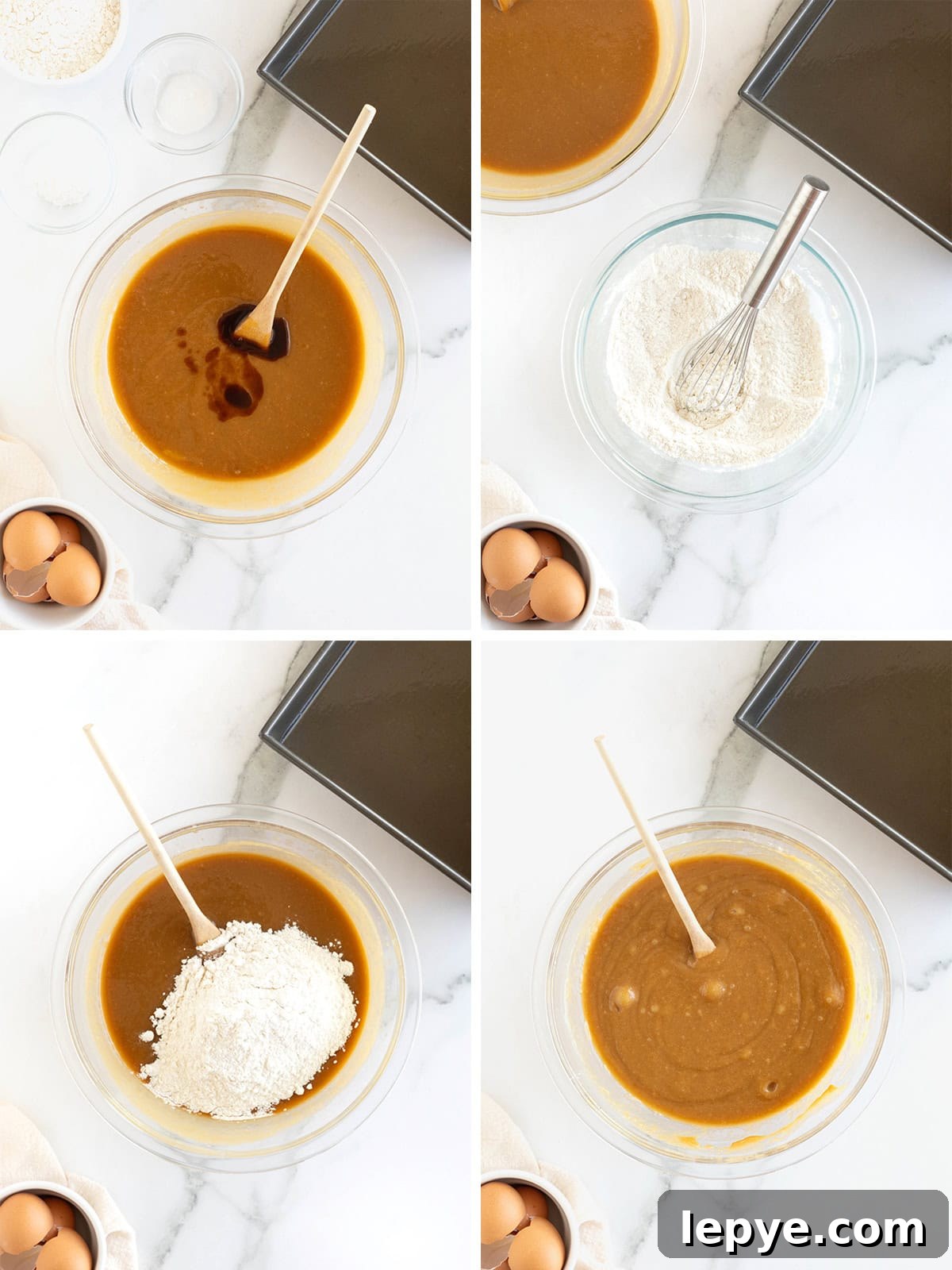 Steps to make peanut butter blondie batter.