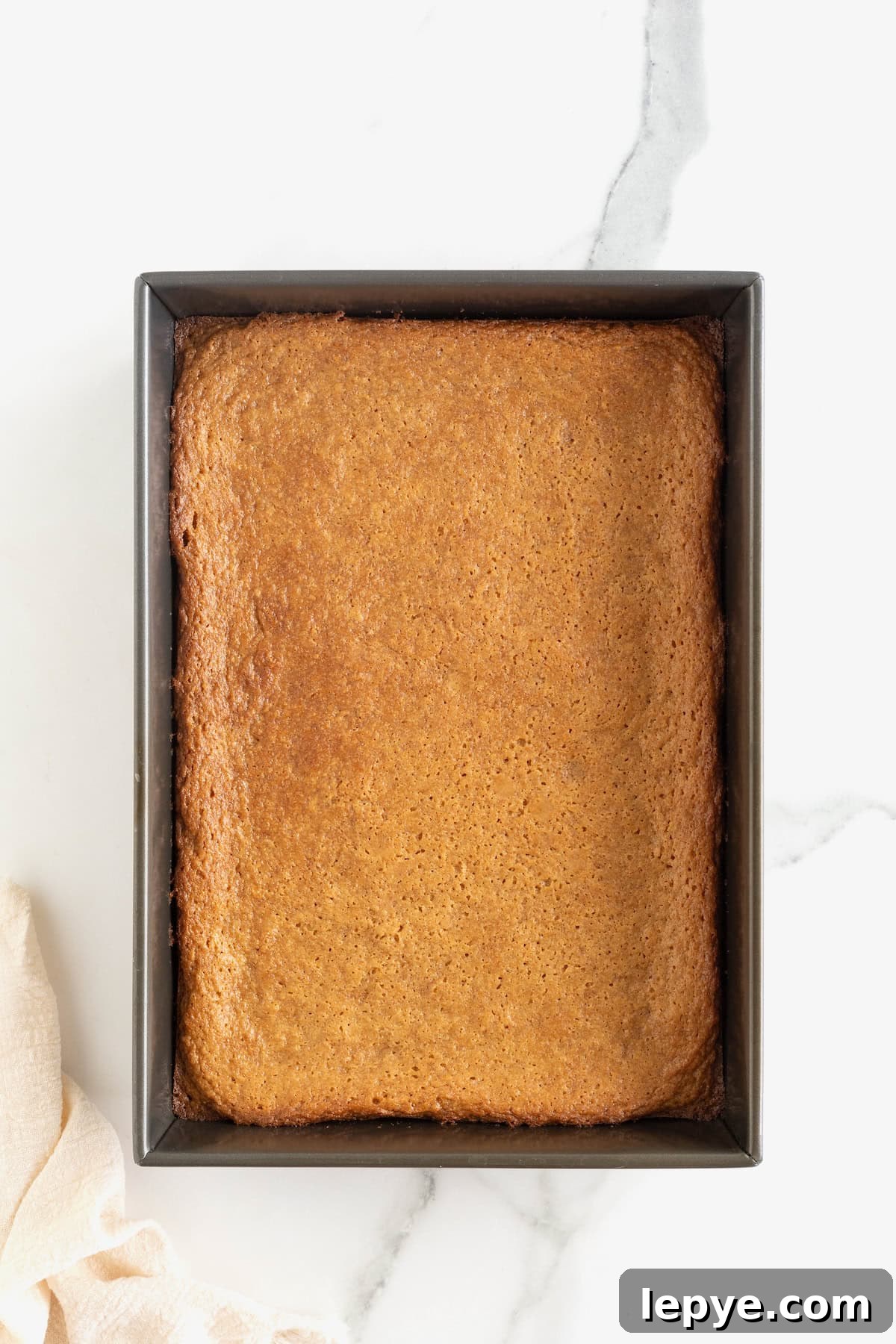 A dark aluminum baking pan of peanut butter blondies on a white marble counter.