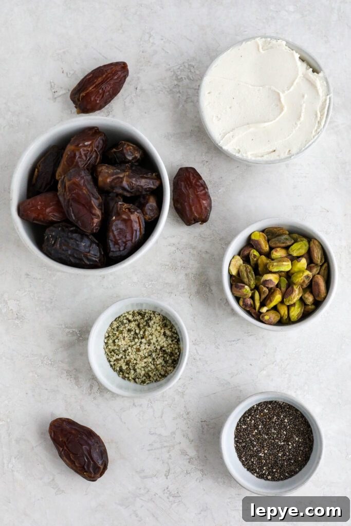 Savory Stuffed Dates: Flavorful Appetizer Recipes for Entertaining 3 dates, cram cheese, pistachios, hemp seeds, and chia seeds