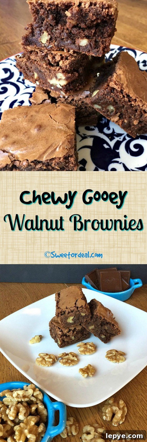 Chewy Walnut Brownies with Gooey Chocolate Center 3 brownies stacked on plate