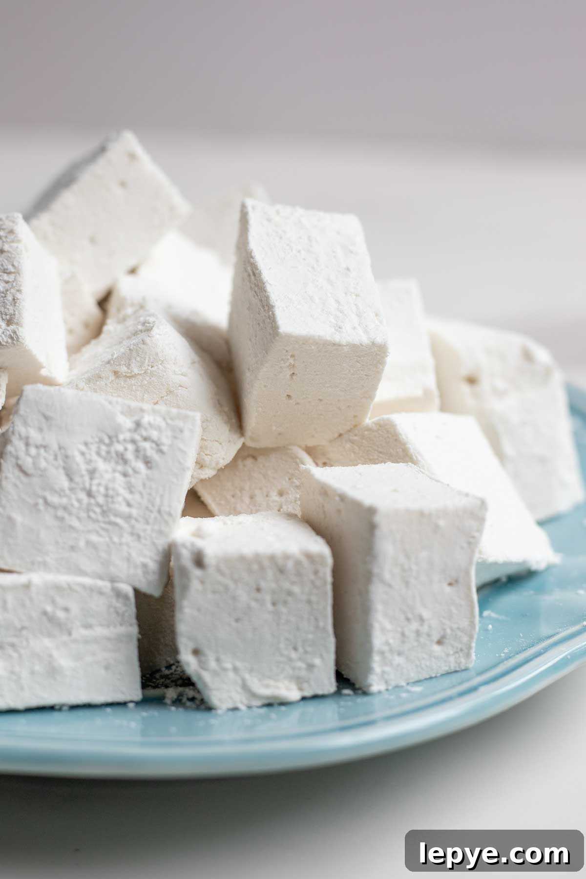 How to Make Homemade Marshmallows from Scratch 2 Homemade marshmallows stacked on a blue plate.