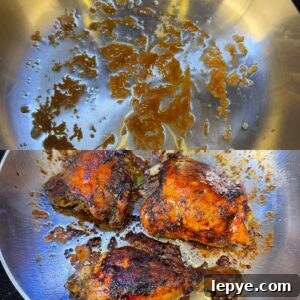 Authentic Jamaican Brown Stew Chicken Recipe 6 Brown sugar in oil and chicken being cooked in a pan.