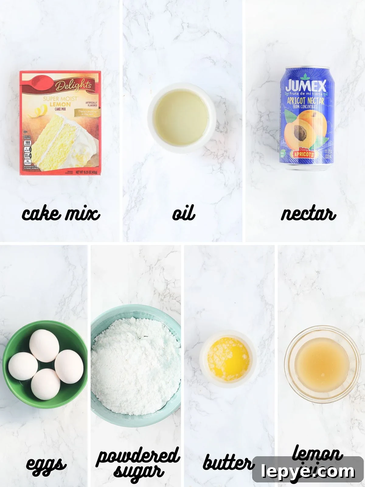 collage of ingredients needed to make Apricot nectar cake.