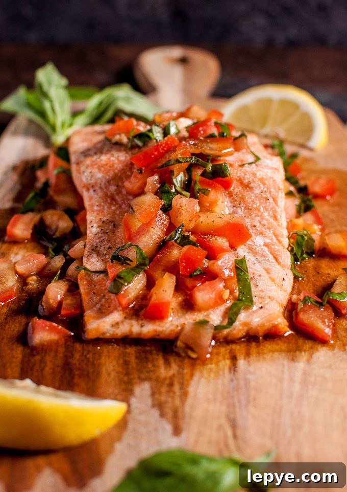 Pomodoro Salmon Bruschetta: Tomato & Herb Topping on Crispy Bread 4 close-up of easy bruschetta salmon pomodoro with basil on a wooden board