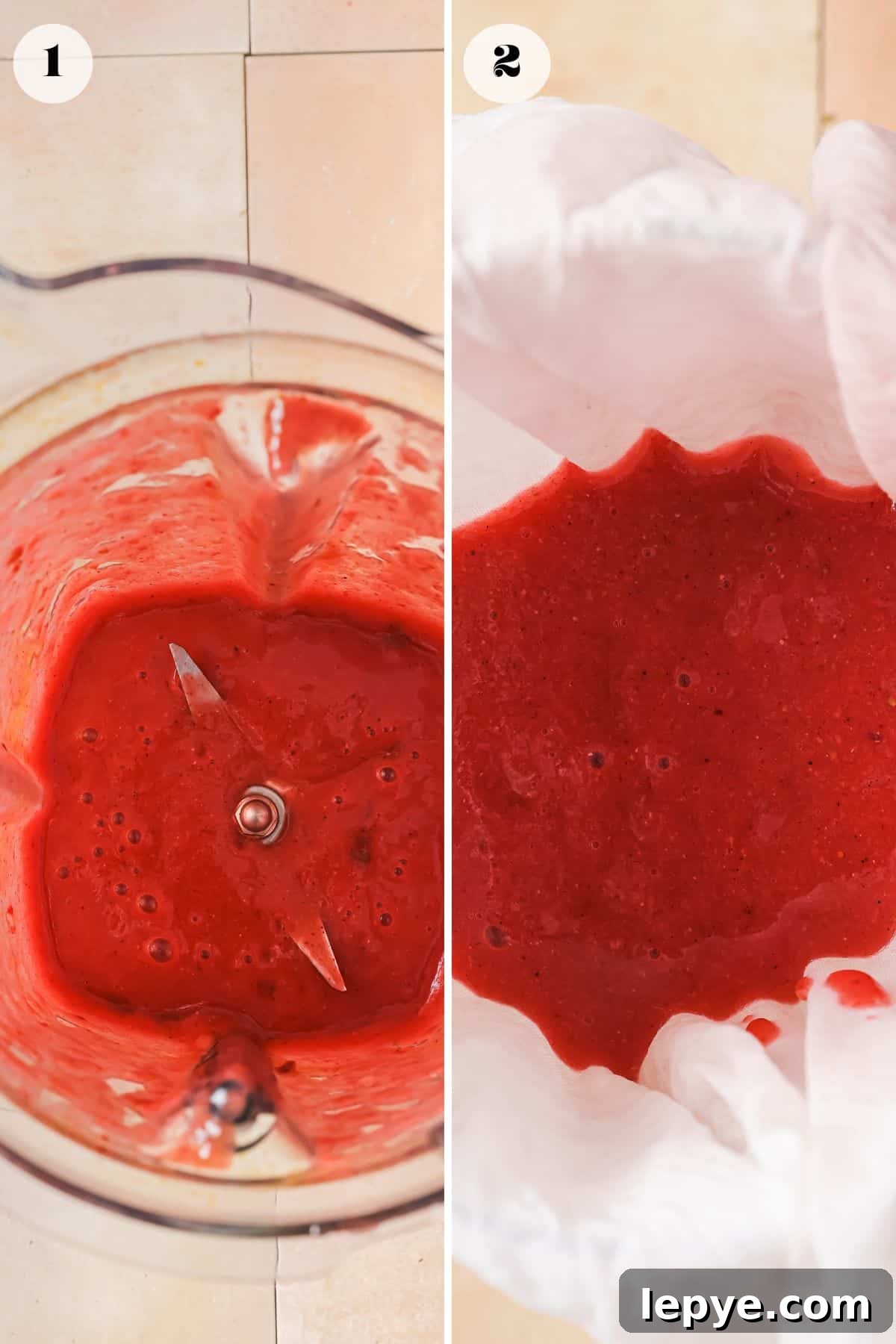 An image of blending together the strawberries, raspberries, and acai powder, then straining in a muslin cloth.