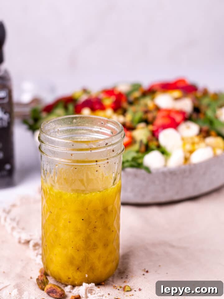 White Balsamic Vinaigrette Recipe: Tangy Salad Dressing with Herbs 10 jar of white balsamic vinaigrette with a large summer salad