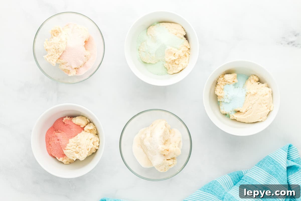 dry jello mix added to individual bowls of cookie dough.