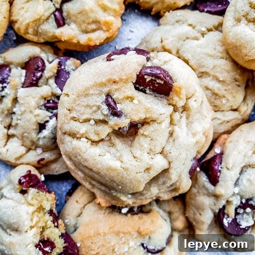 Salted chocolate chip cookies on counter.